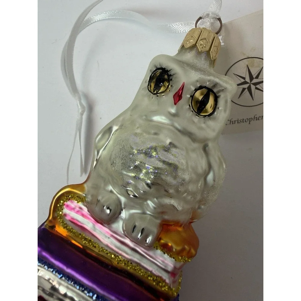 Radko Glass HOO DUNNIT Wise Owl on Stack of Books Christmas Ornament